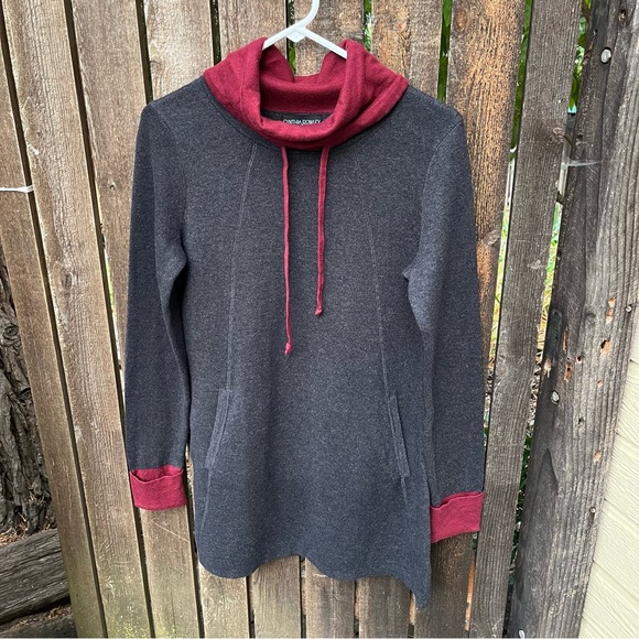 Cynthia Rowley Charcoal Gray & Burgundy Funnel Neck Sweater Tunic Sz S - Picture 5 of 14